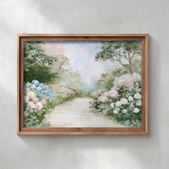 Printed Cottage Garden Path With Blooming Hydrangeas Rustic Spring Landscape Poster Cottagecore Wall Art Farmhouse Decor 0695
