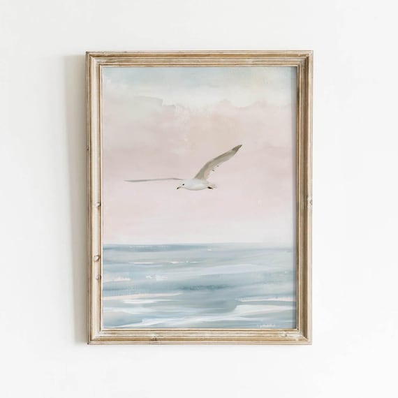 Coastal Seagull In Flight Printable Muted Pink Sky Ocean Wall Art Vintage Beach Decor Neutral Instant Download V0693 693
