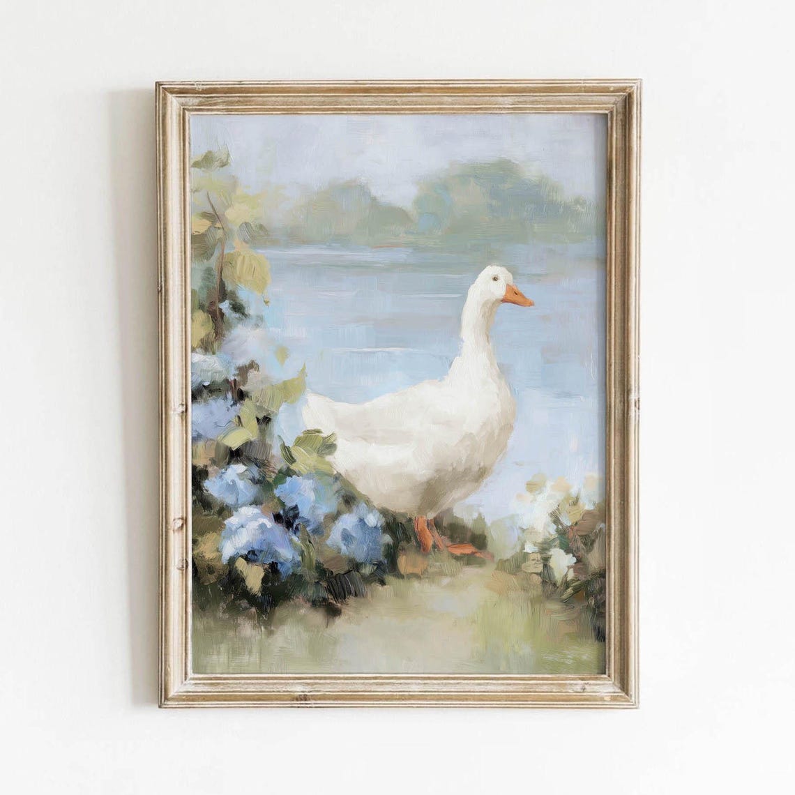 White Goose by the Lake with Blue Hydrangeas Vintage Art Print