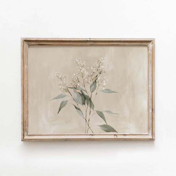 Printable Botanical Branches White Blooms Sage Green Leaves Vintage Painting Neutral Farmhouse Wall Art Digital Download 472