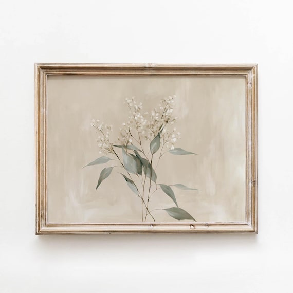 White Blooming Branches Sage Leaves Minimalist Botanical Wall Art