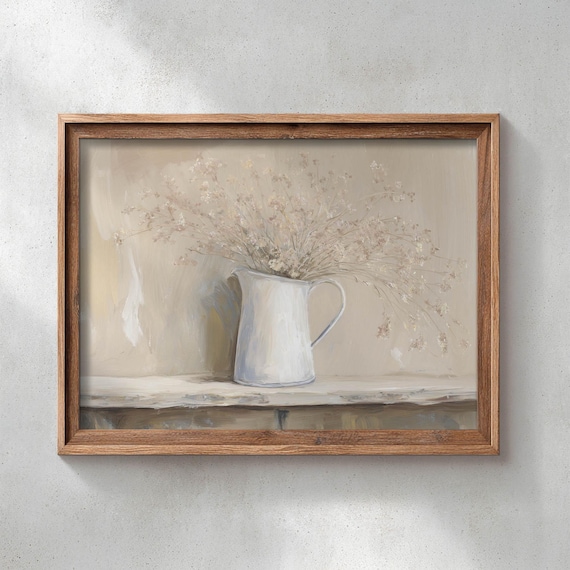 Poster Print White Pitcher Dried Wildflowers Rustic Still Life Art Neutral Cream Beige Tones Cottagecore Wall Decor 0524