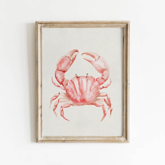 Blush Pink Coral Crab Watercolor Coastal Beach House Decor Poster
