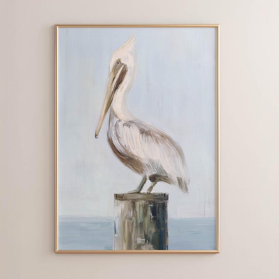 Printed Pelican On Dock Piling Coastal Farmhouse Wall Art Rustic Bird Painting Muted Beach Decor Seabird Print P460