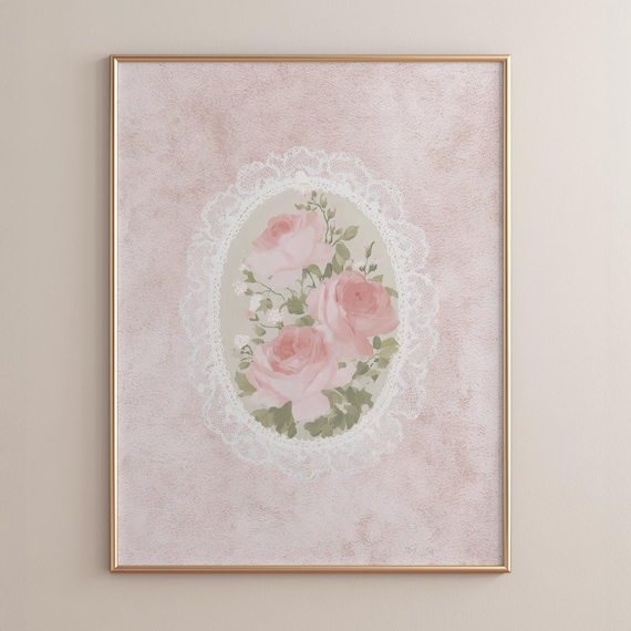 Romantic Soft Pink Roses Poster Print Vintage Cottagecore Bouquet Shabby Chic Floral Wall Art Feminine Pastel Decor P199