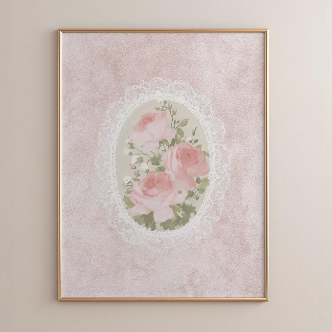 Pink Roses Lace Oval Frame Shabby Chic Floral Cottage Poster