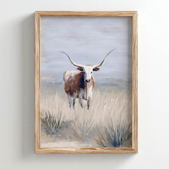 Printed Texas Longhorn Cattle Standing Prairie Grassland Rustic Western Wall Art Brown White Neutral Tones Farmhouse Decor 0600