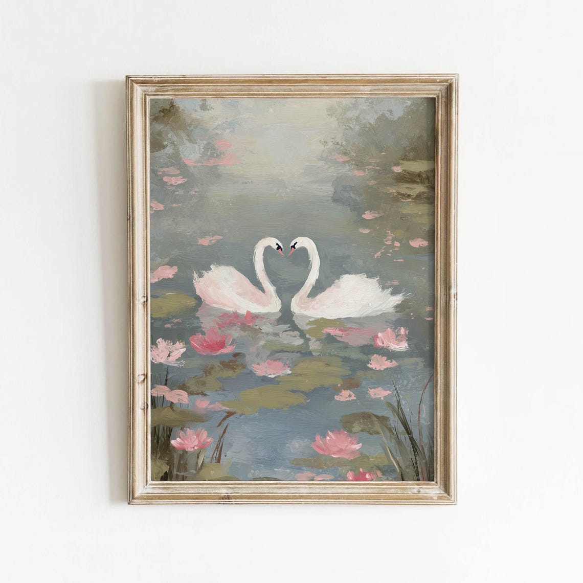Two White Swans on a Lily Pond With Pink Water Lilies Romantic Poster