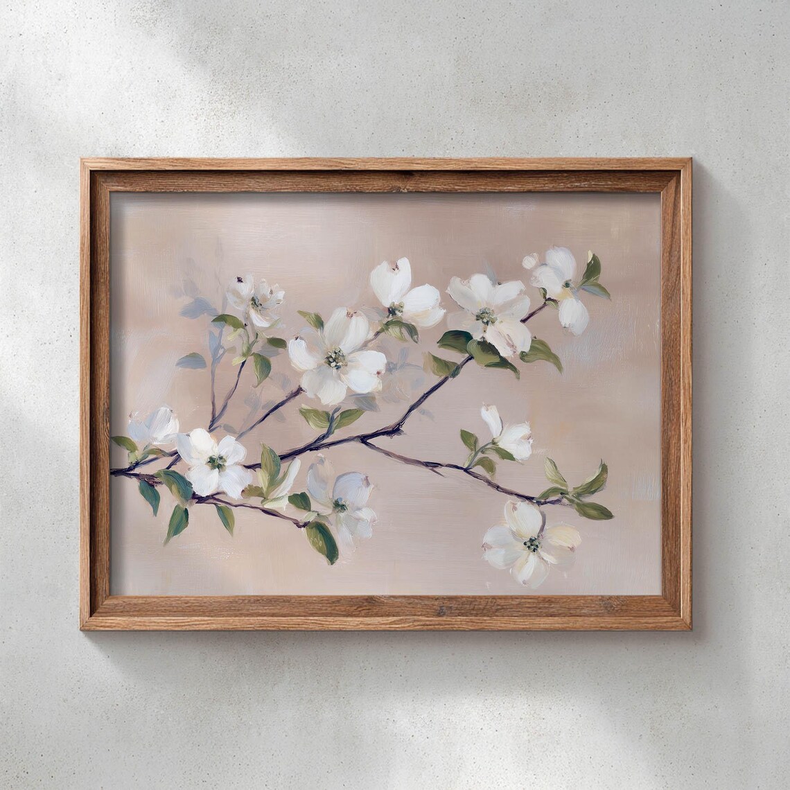 White Dogwood Blossoms On Branch, Botanical Art Print