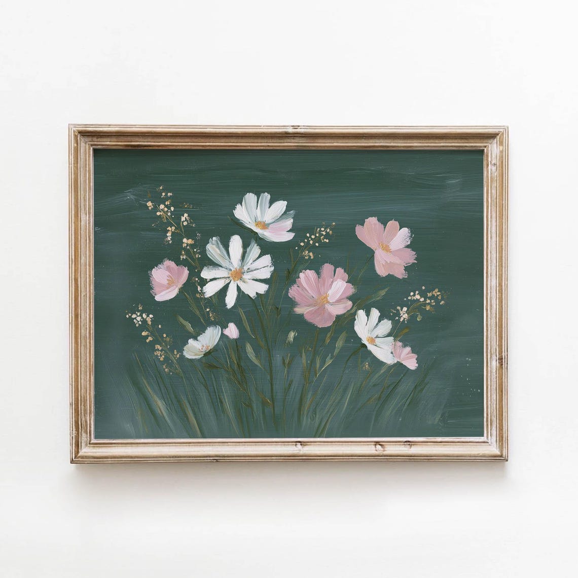 Soft Pink Wildflowers Deep Green Moody Botanical Vintage Wall Art