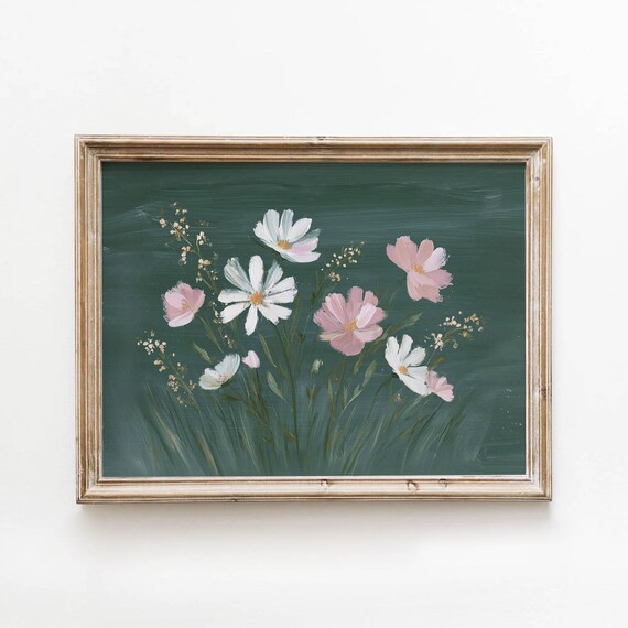 Soft Pink Wildflowers Deep Green Moody Botanical Vintage Wall Art