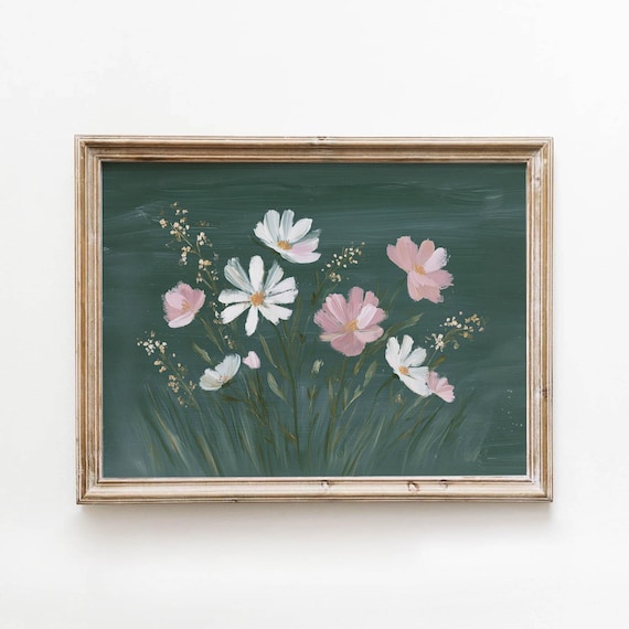 Soft Pink Wildflowers On Deep Green Vintage Cottagecore Wall Art Moody Botanical Decor Antique Spring Print Digital Download 672
