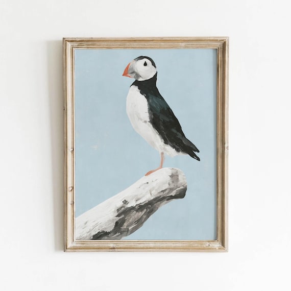 Puffin Bird Portrait Printable Coastal Wall Art Muted Blue Ocean Decor Nautical Painting Driftwood Perch Digital Download 701