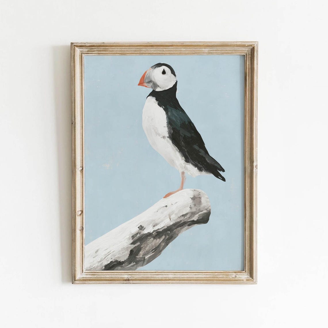 Puffin Perched On Driftwood Pale Blue Coastal Bird Painting Wall Art