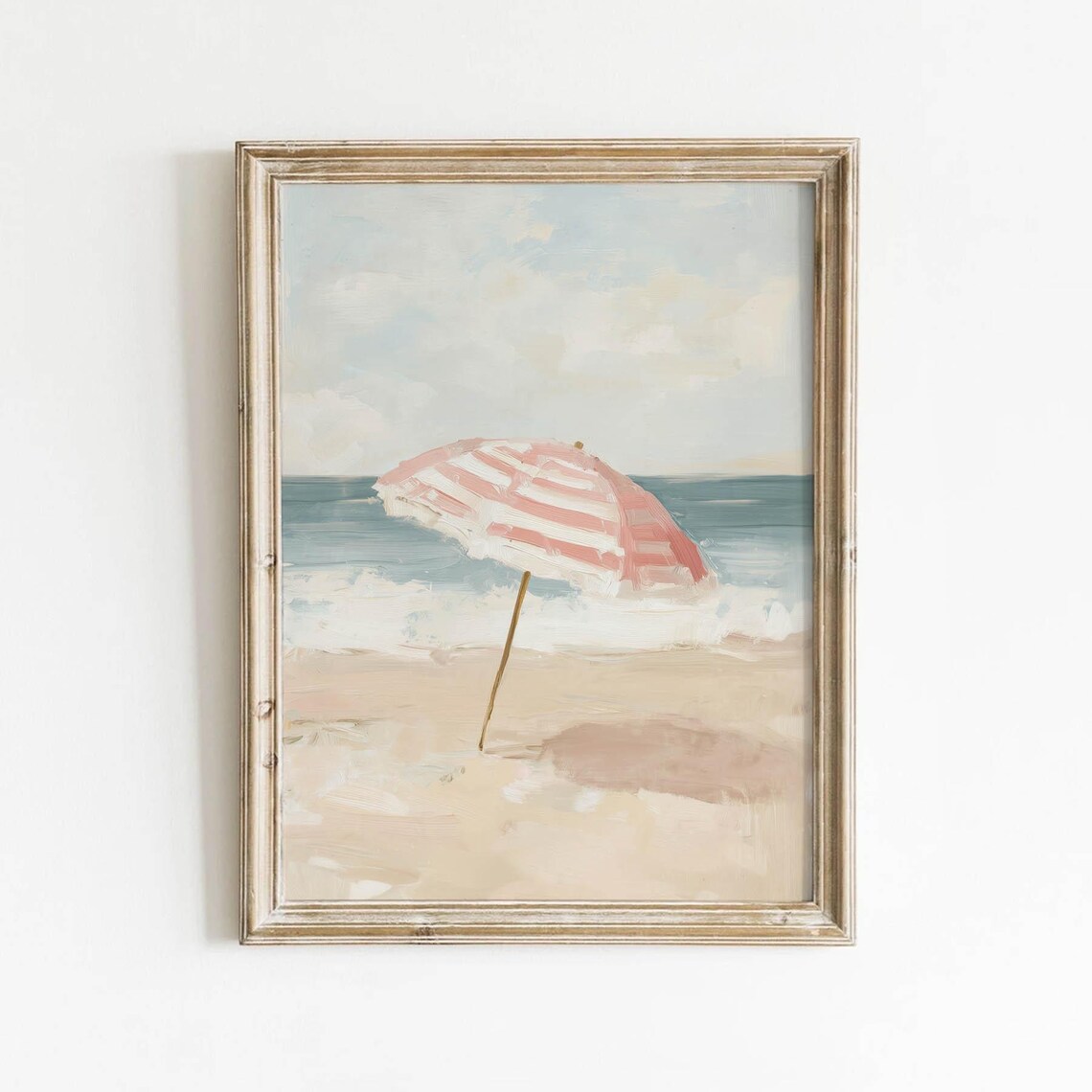Pinkandwhite Striped Beach Umbrella, Vintage Coastal Art Print