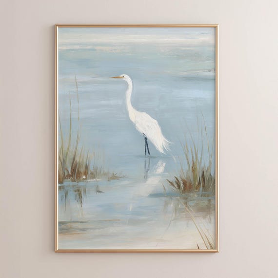 Printed White Egret Coastal Marsh Landscape Farmhouse Wall Art Serene Nature Painting Muted Blue Tan Decor P469