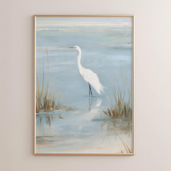 White Egret Marsh Waters Serene Coastal Bird Painting Poster