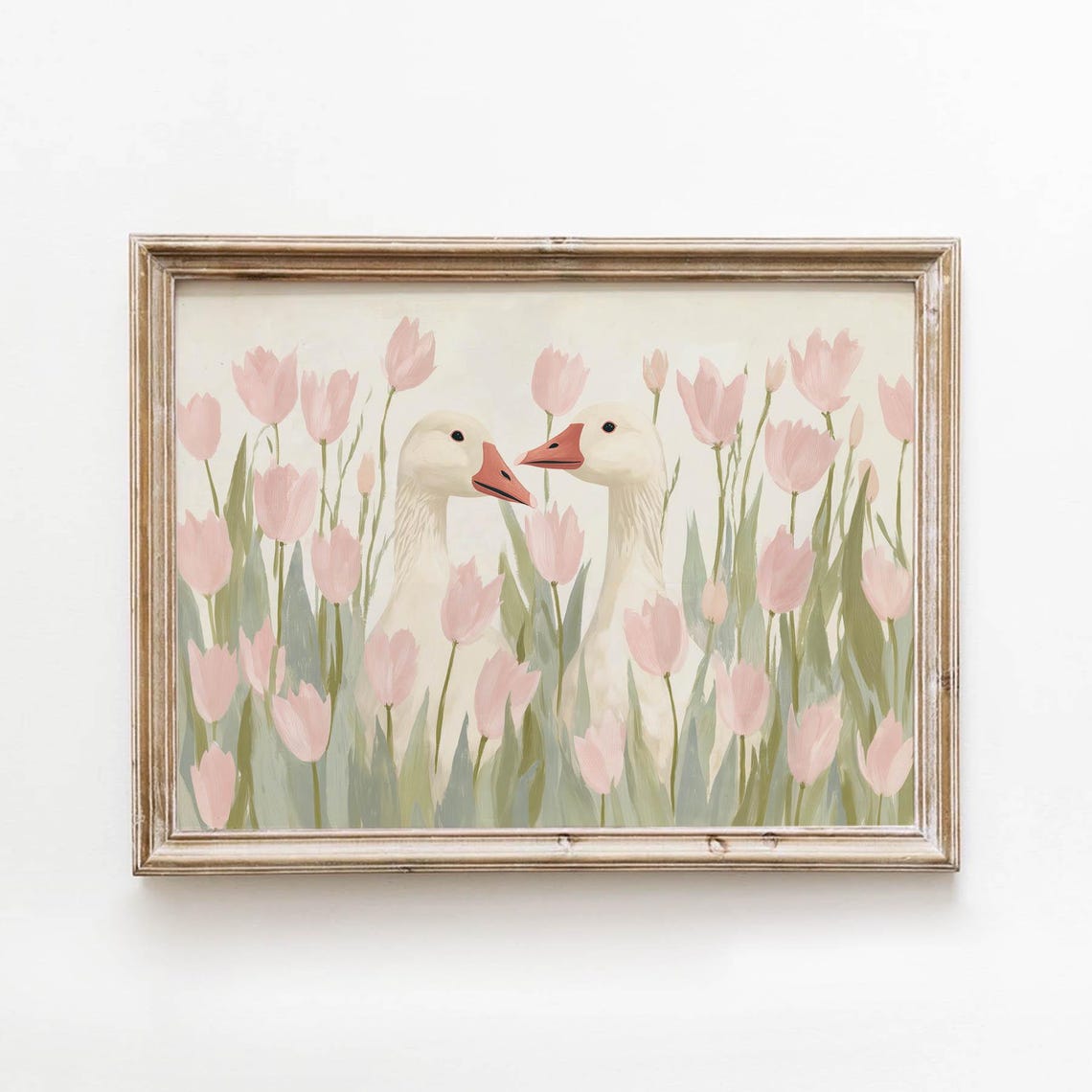 Soft Two White Geese Among Pink Tulips Spring Cottagecore Poster