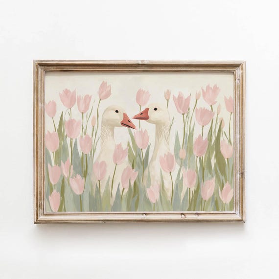 Pastel Cottagecore Geese Printable Soft Muted Wall Art Spring Farmhouse Goose Decor Charming Nursery Green Pink Download 0256