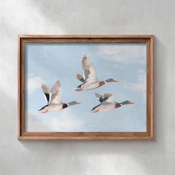 Mallard Duck Trio In Soft Pastel Blue Sky Wall Art Rustic Cottagecore Style Cozy Country Farmhouse Painting Nature Scene Print P168