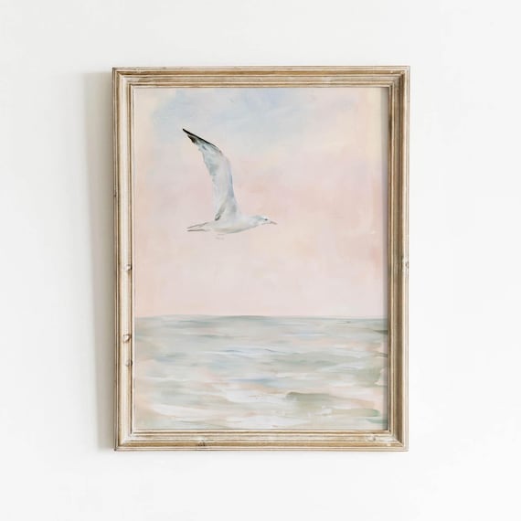 Seagull In Flight Over Ocean Printable Coastal Wall Art Muted Blush Pink Seafoam Decor Vintage Beach Painting Pastel Sky Download 691