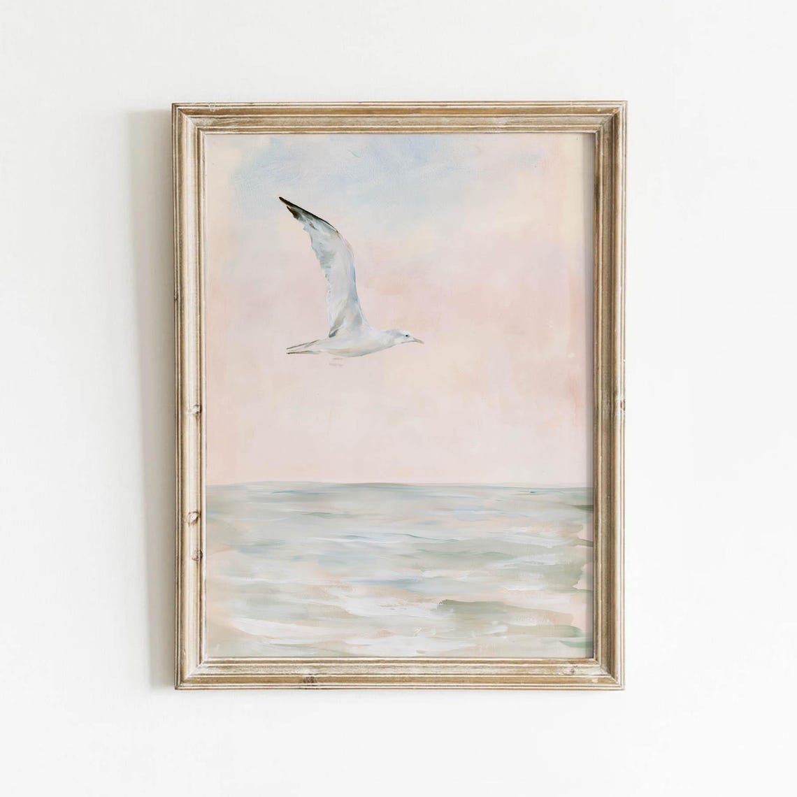 Seagull In Flight Over Ocean Pastel Blush Sky Vintage Coastal Wall Art