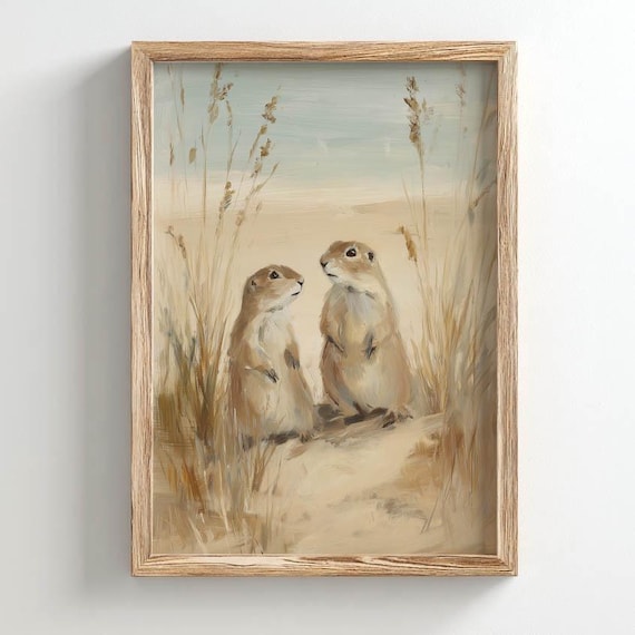 Printed Prairie Dogs Standing In Grassland Tan Cream Muted Blue Rustic Nature Wall Art Poster Neutral Earthy Aesthetic 0511