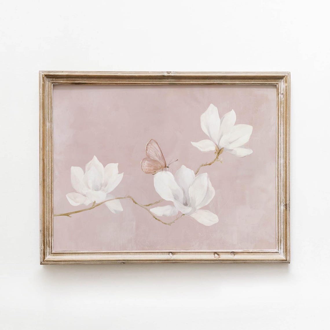 White Magnolia Blossoms Dusty Rose Butterfly Floral Wall Art