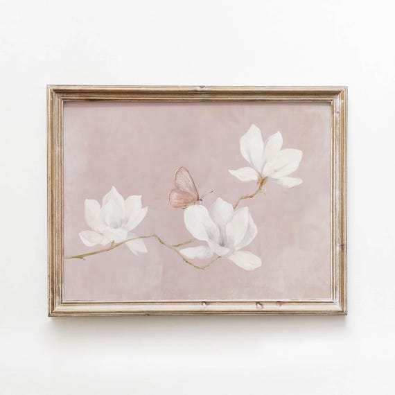 Printable White Magnolia Blossoms Dusty Rose Butterfly Wall Art Botanical Spring Decor Soft Neutral Floral Digital Download 668