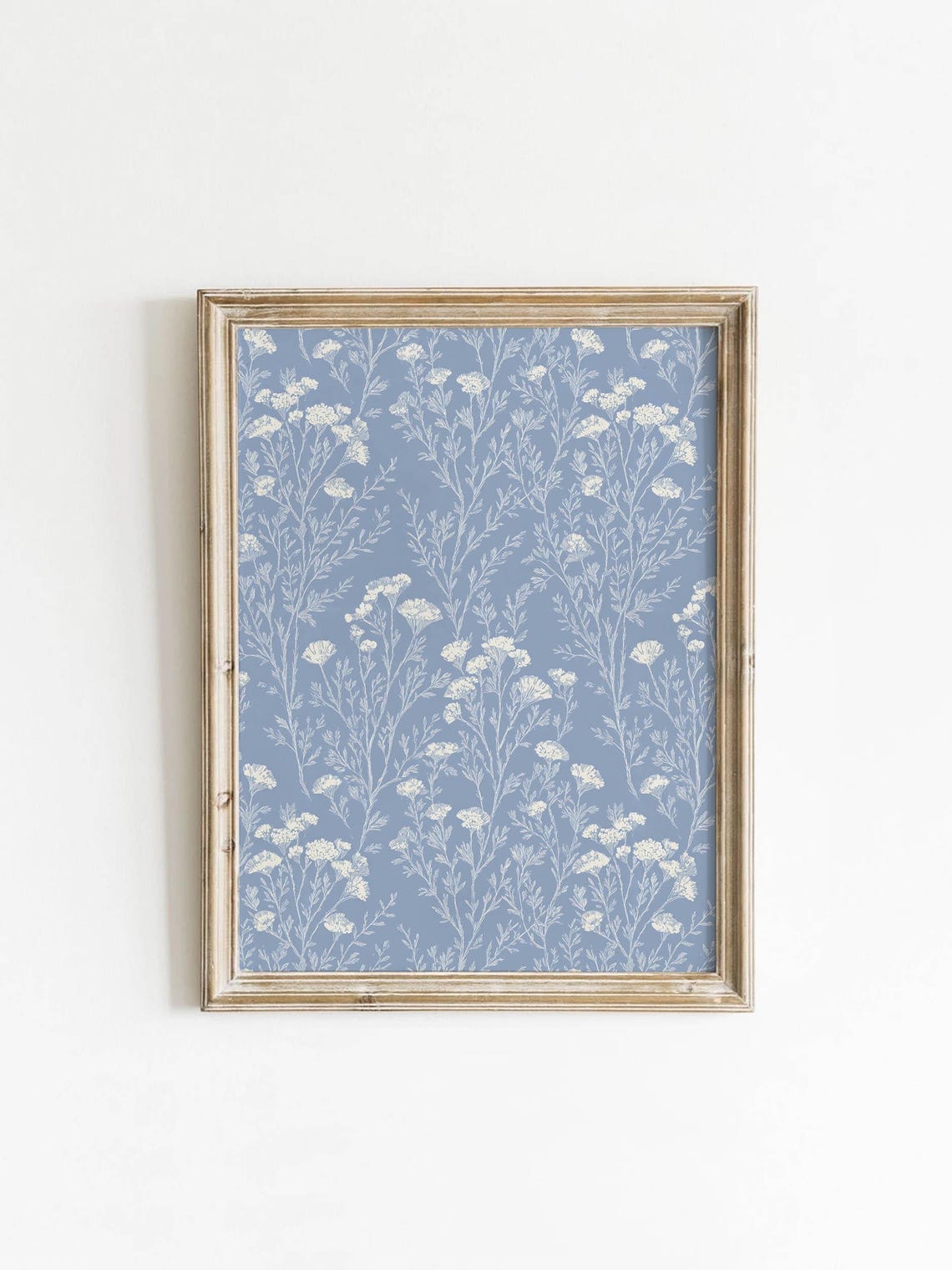 White Wildflower Pattern Powder Blue Vintage Botanical Wall Art
