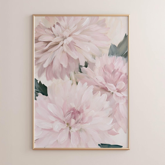 Printed Blush Pink Peony Wall Art Romantic Floral Poster Oversized Dahlia Flowers Soft Feminine Decor Vintage Botanical Print P751