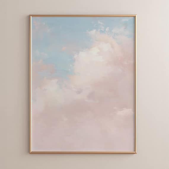 Dreamy Soft Pastel Cloudscape Serene Pink Sky Oil Painting Poster