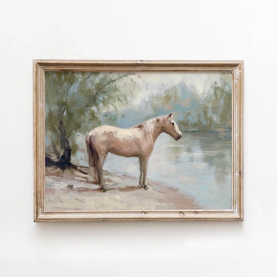 Vintage Cream Horse River Sage Green Landscape Printable Wall Art Rustic Americana Decor Digital Download 552