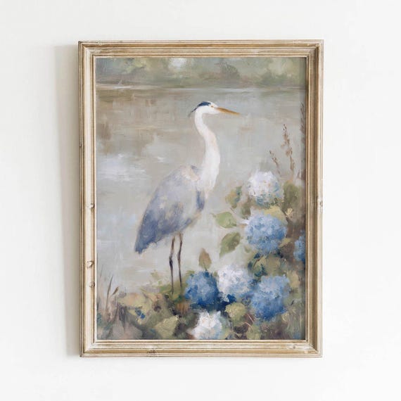 Soft Blue Heron Printable Pastel Coastal Wall Art Cottagecore Decor Calming Bedroom Neutral Painting Digital Download 0181