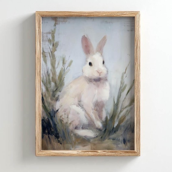 White Rabbit Grassland Oil Painting Cute Bunny Neutral Nursery Poster