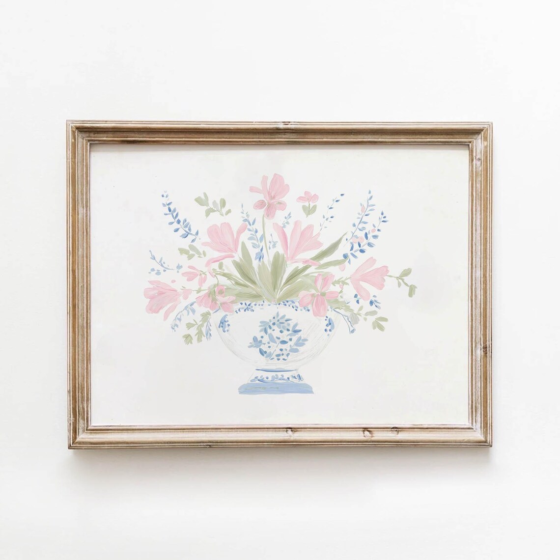 Vintage Pink Tulip Bouquet, Chinoiserie Vase Art Print