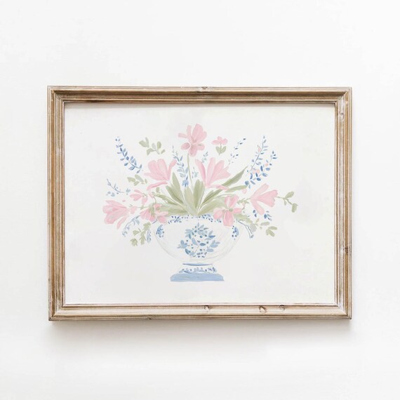 Vintage Pink Tulip Bouquet, Chinoiserie Vase Art Print