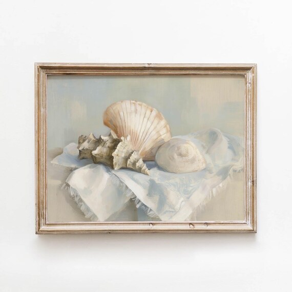 Neutral Seashell Still Life Scallop Conch Vintage Coastal Decor Poster