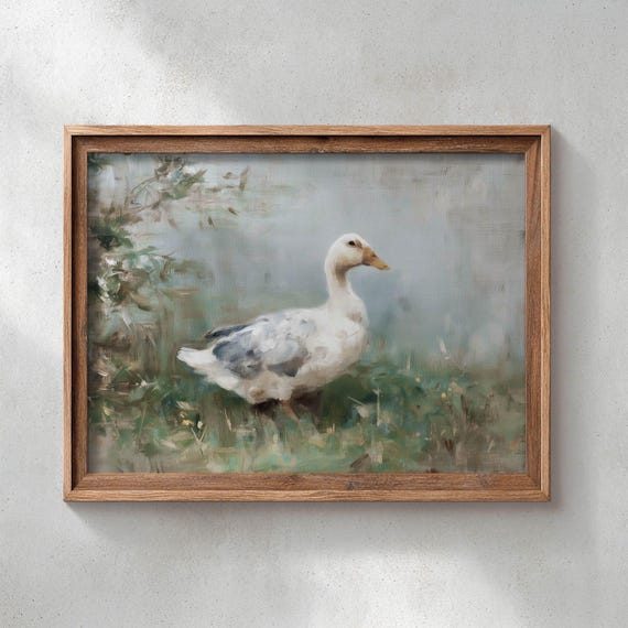 Printed White Duck In Meadow Poster Soft Earth Tones Vintage Style Cottagecore Art Perfect For Country Home Decor Atmosphere P394