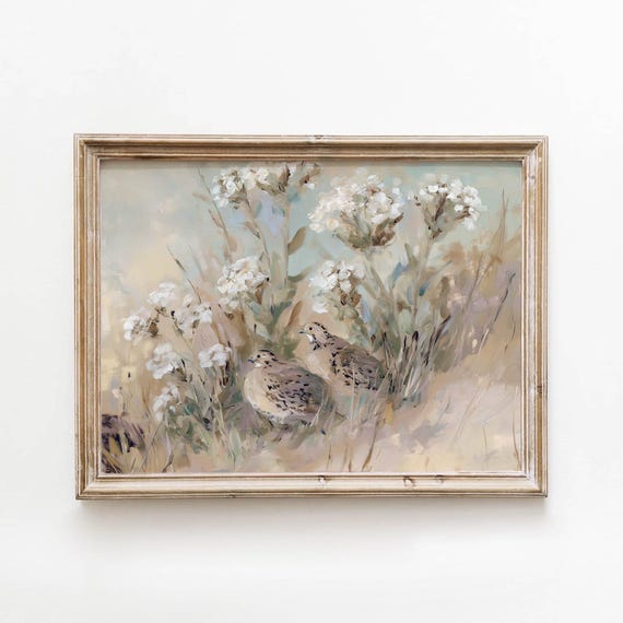 Vintage Speckled Quail Printable Sage Wildflower Wall Art Neutral Farmhouse Decor Digital Download 618