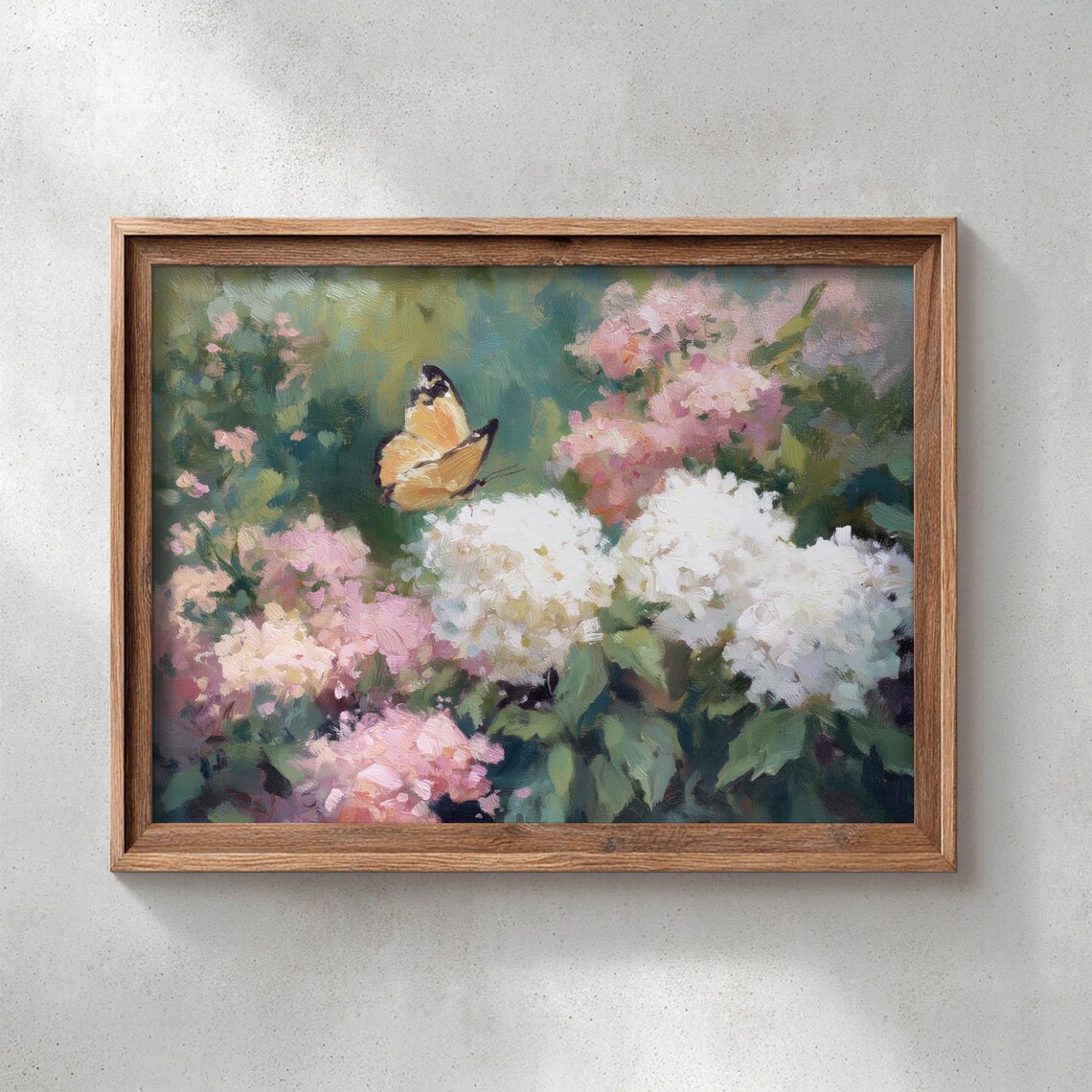 Golden Yellow Butterfly On White Hydrangea, Vintage Floral Art Print