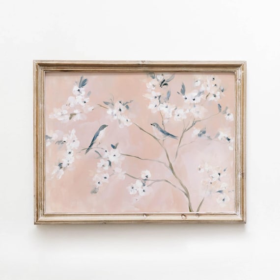 Soft Pink Cherry Blossoms Bluegray Birds On Branches Printable Vintage Spring Wall Art Romantic Cottage Decor Delicate Floral Print 674