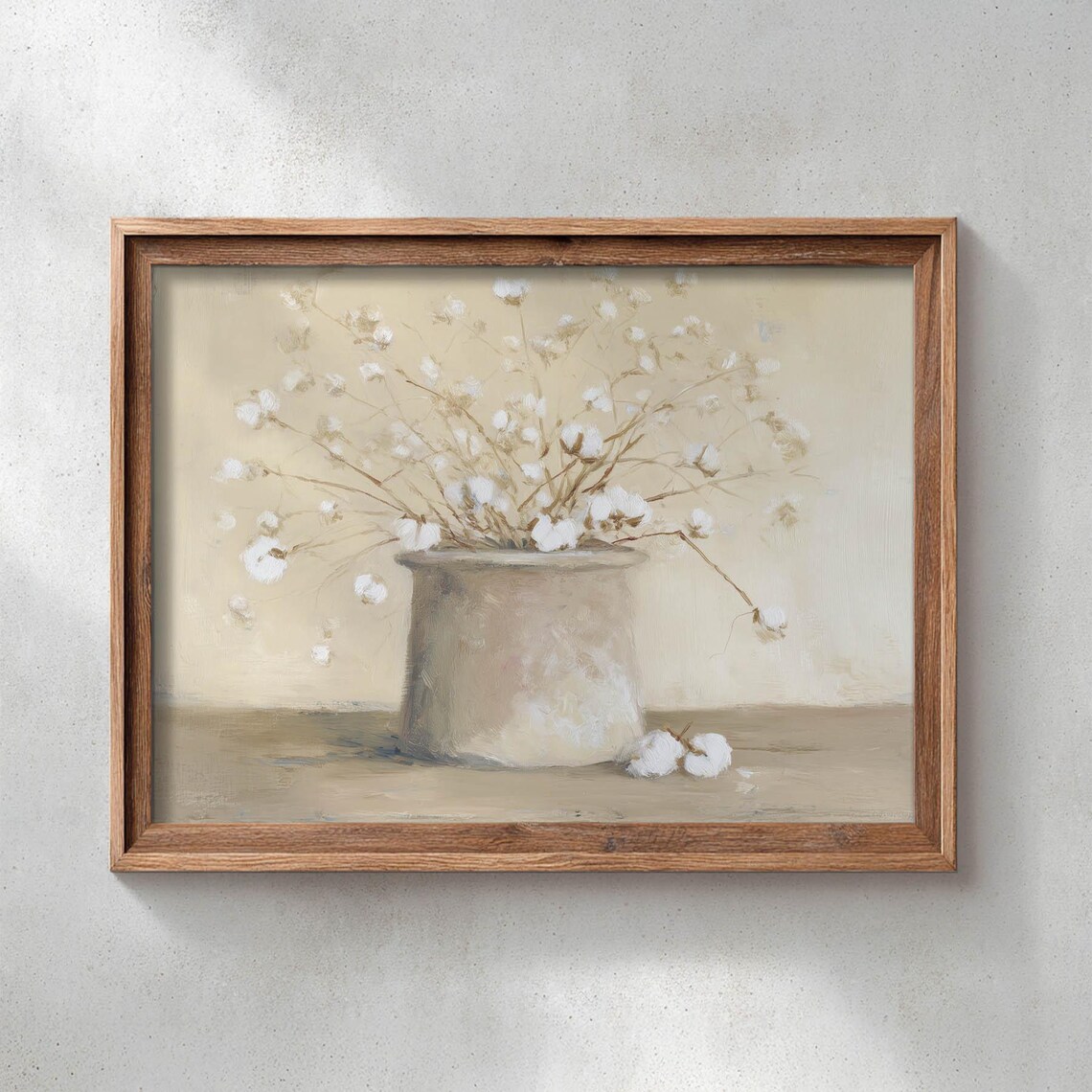 Cotton Stems Rustic Stone Pot, Vintage Still Life Art Print