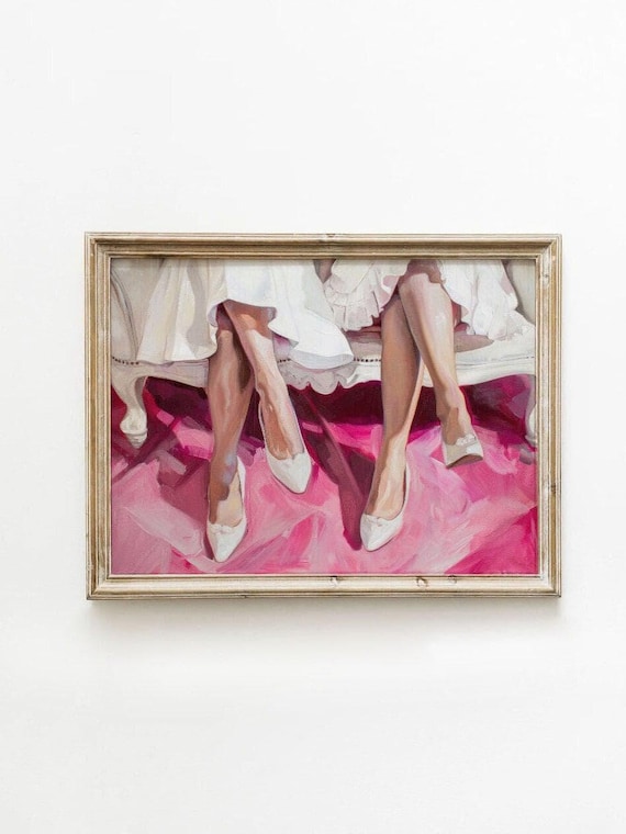 Two Women in White Heels Pink Dress Fashion Painting Feminine Art Poster