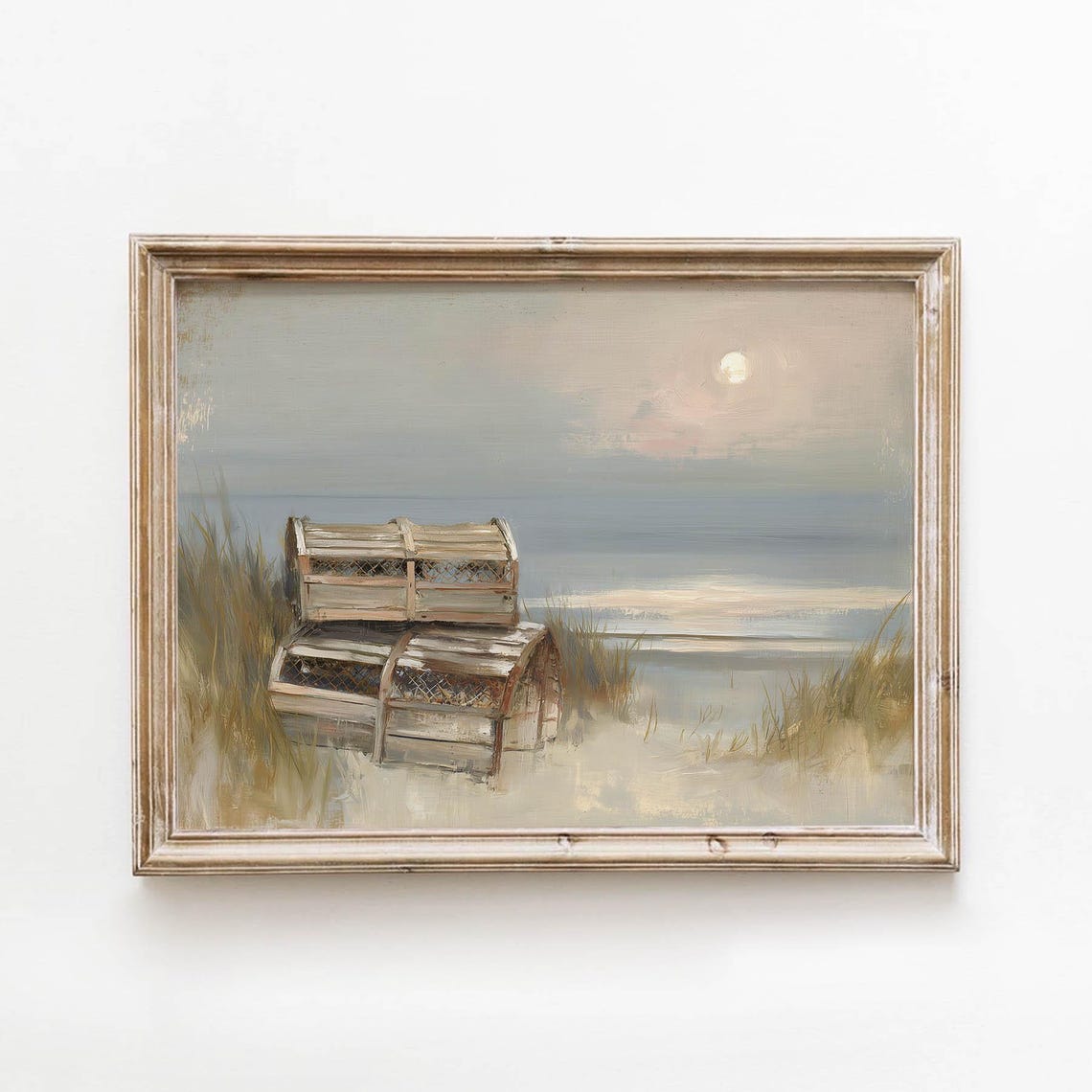 Vintage Lobster Traps Sandy Beach Dusk Moody Nautical Scene Poster