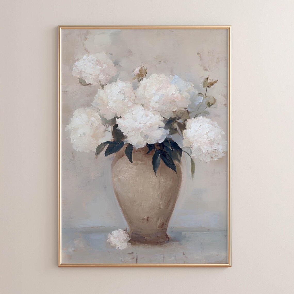 Printed White Peonies in Ceramic Vase, Art Print