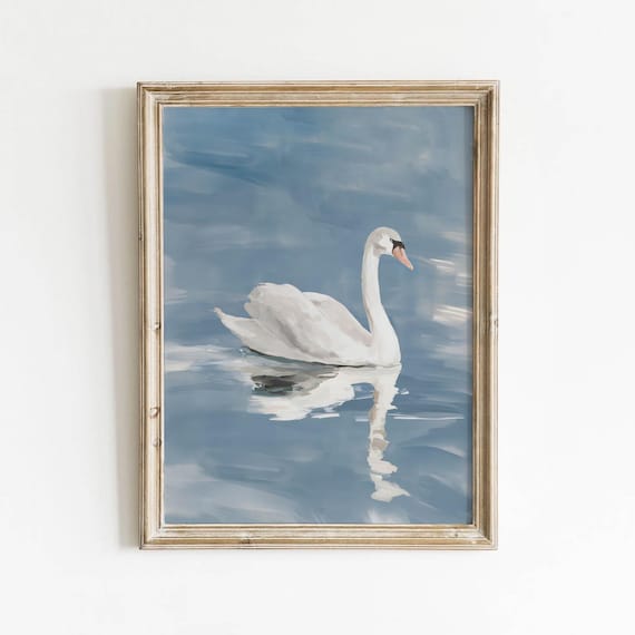 Elegant White Swan Gliding Across Blue Water Muted Vintage Painting Classic Waterfowl Art Printable Wall Decor Instant Download 676