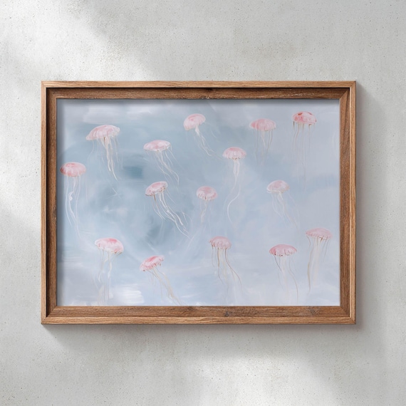 Printed Pink Jellyfish Wall Art Coastal Watercolor Painting Serene Ocean Decor Soft Blue Gray Muted Tones Dreamy Beach Poster 0686
