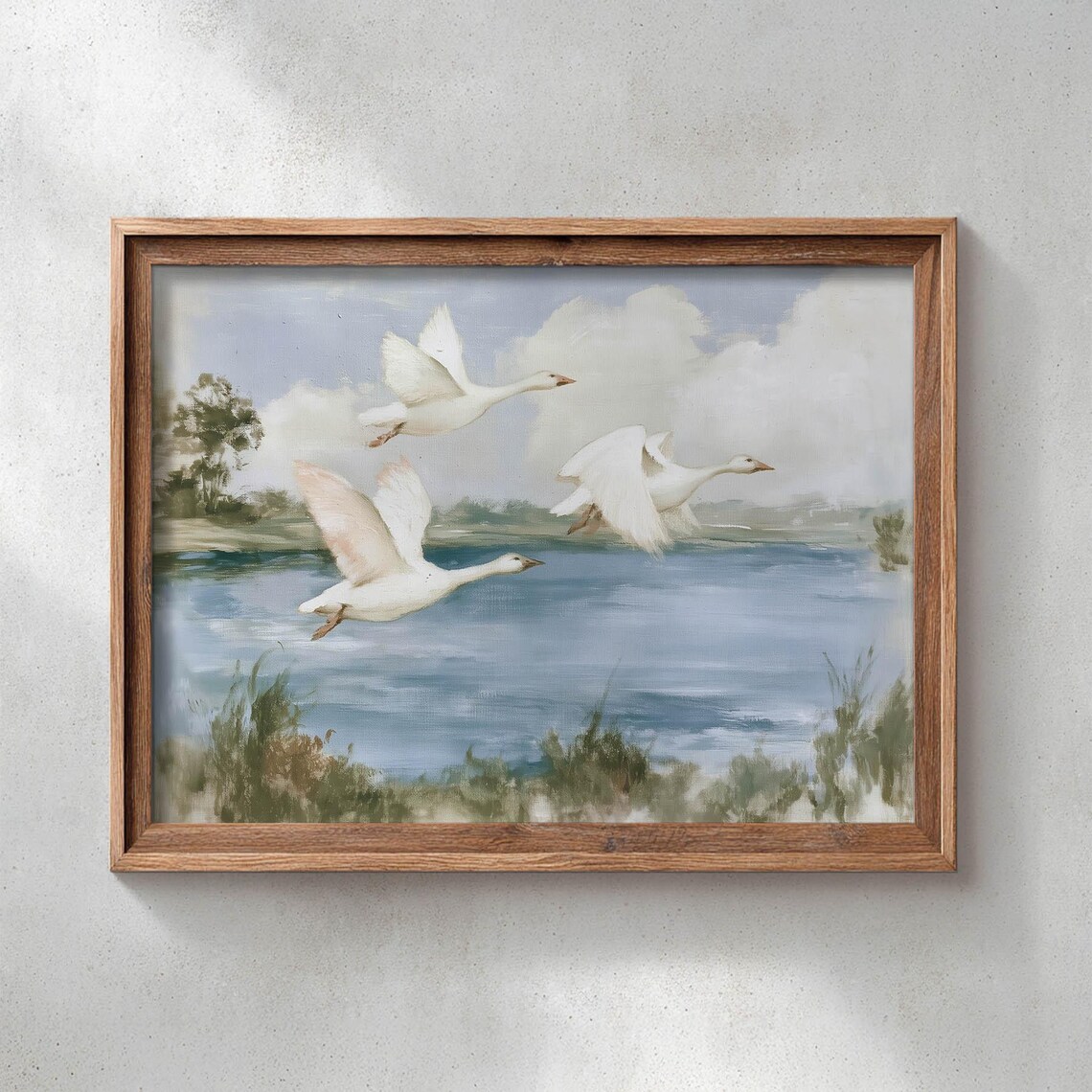 Three White Swans Flying Over Calm Lake Soft Pastel Painting Poster