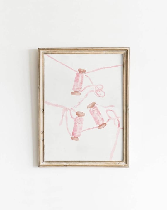 Pink Thread Spool Ribbon Watercolor Coquette Nursery Wall Print